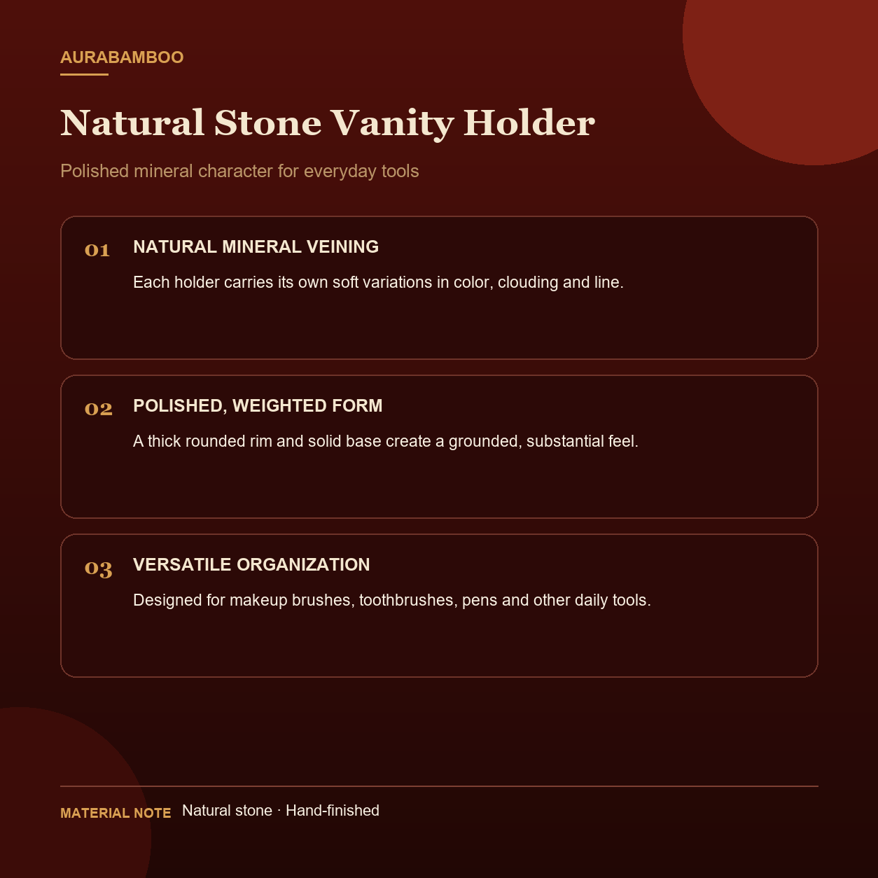 Natural stone vanity holder material and product features
