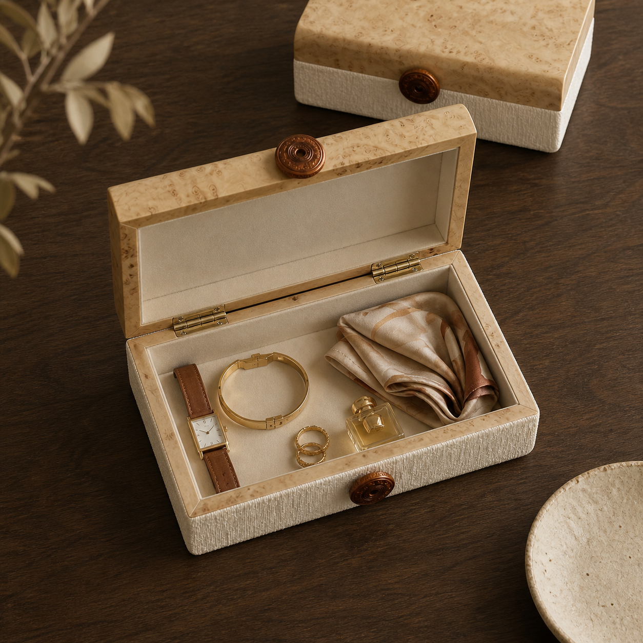 Top view of burled wood storage box holding jewelry and small accessories