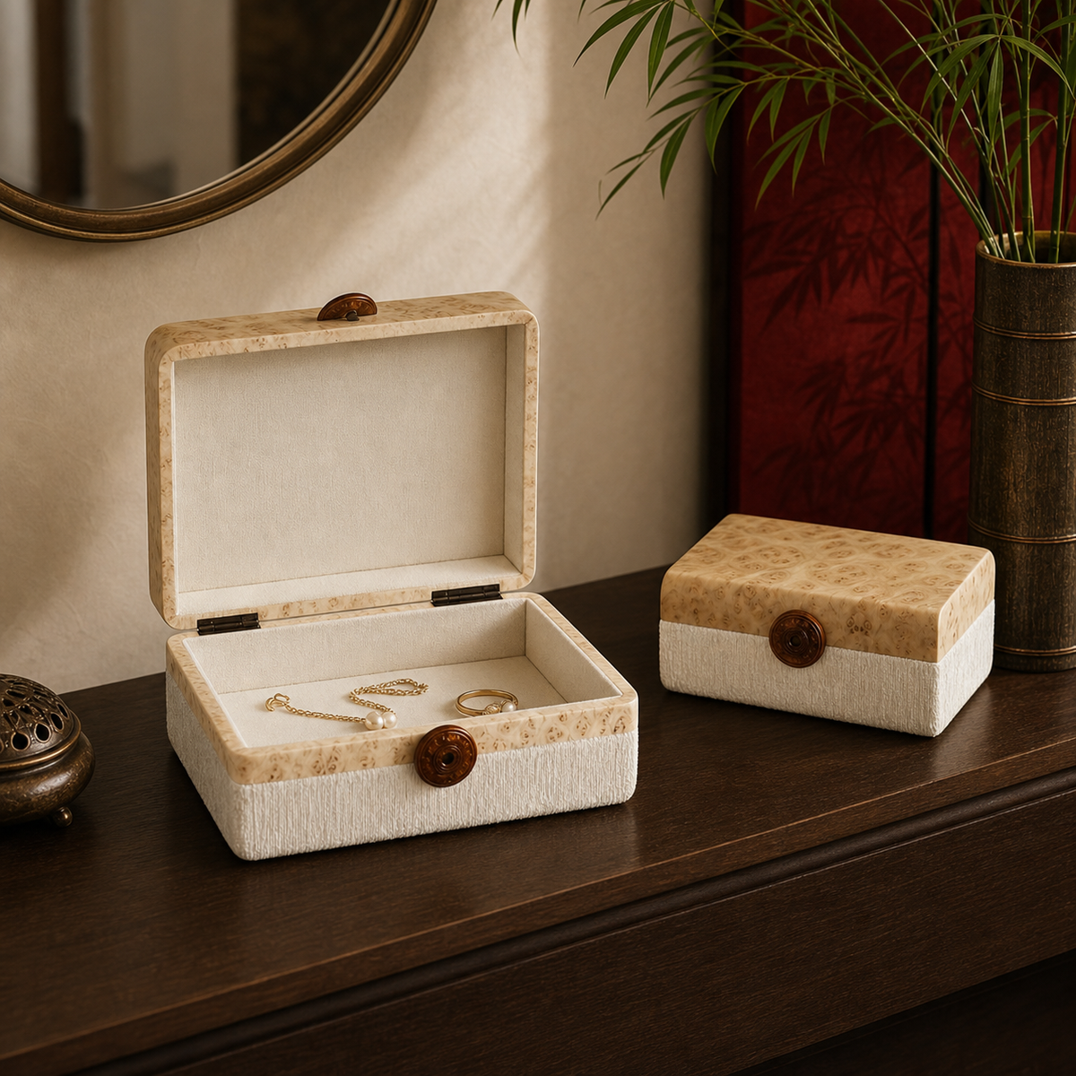 Burled wood storage boxes styled on a dark wood console
