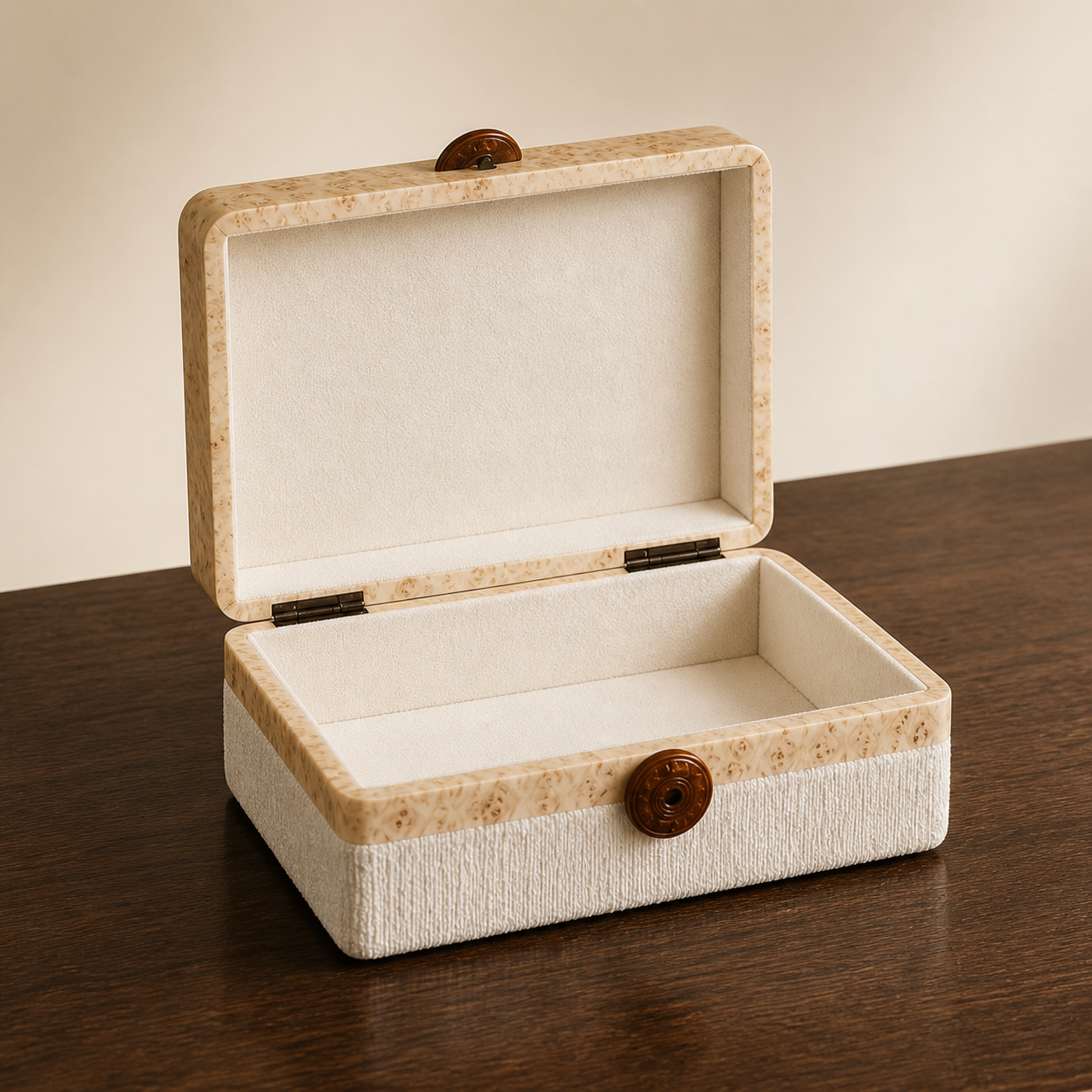 Close view of burled wood lid, textured ivory fabric and round clasp