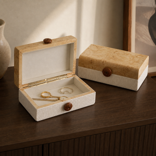 Burled wood veneer storage box open with lined jewelry compartment