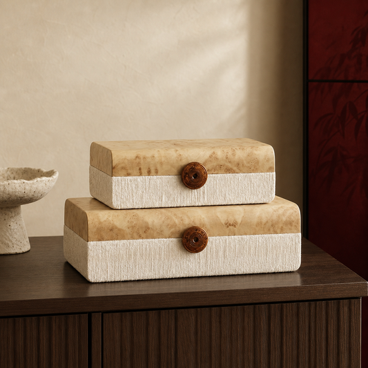 Small and large ivory burled wood veneer decorative storage boxes