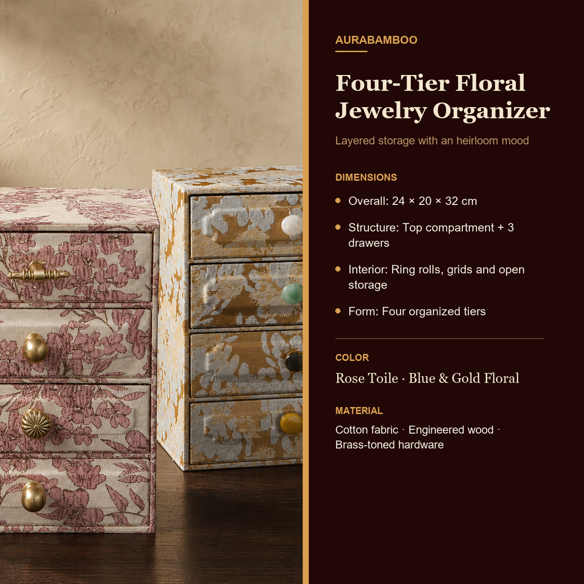 Four-tier floral jewelry organizer dimensions and storage layout