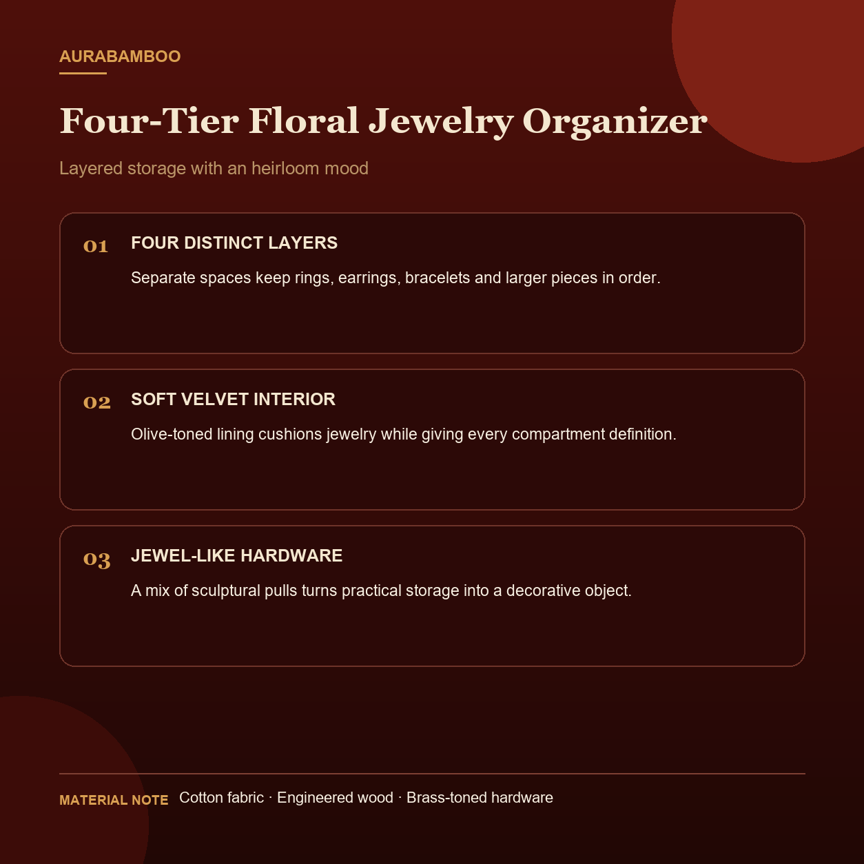 Floral jewelry organizer materials and product features