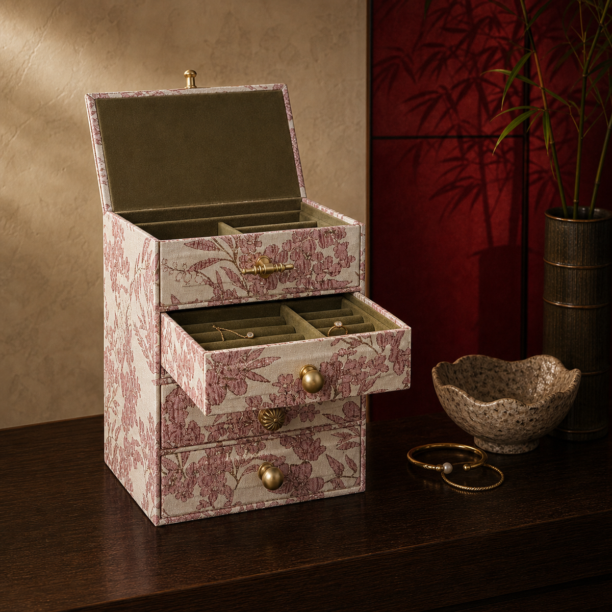 Floral jewelry organizer styled on a dressing table