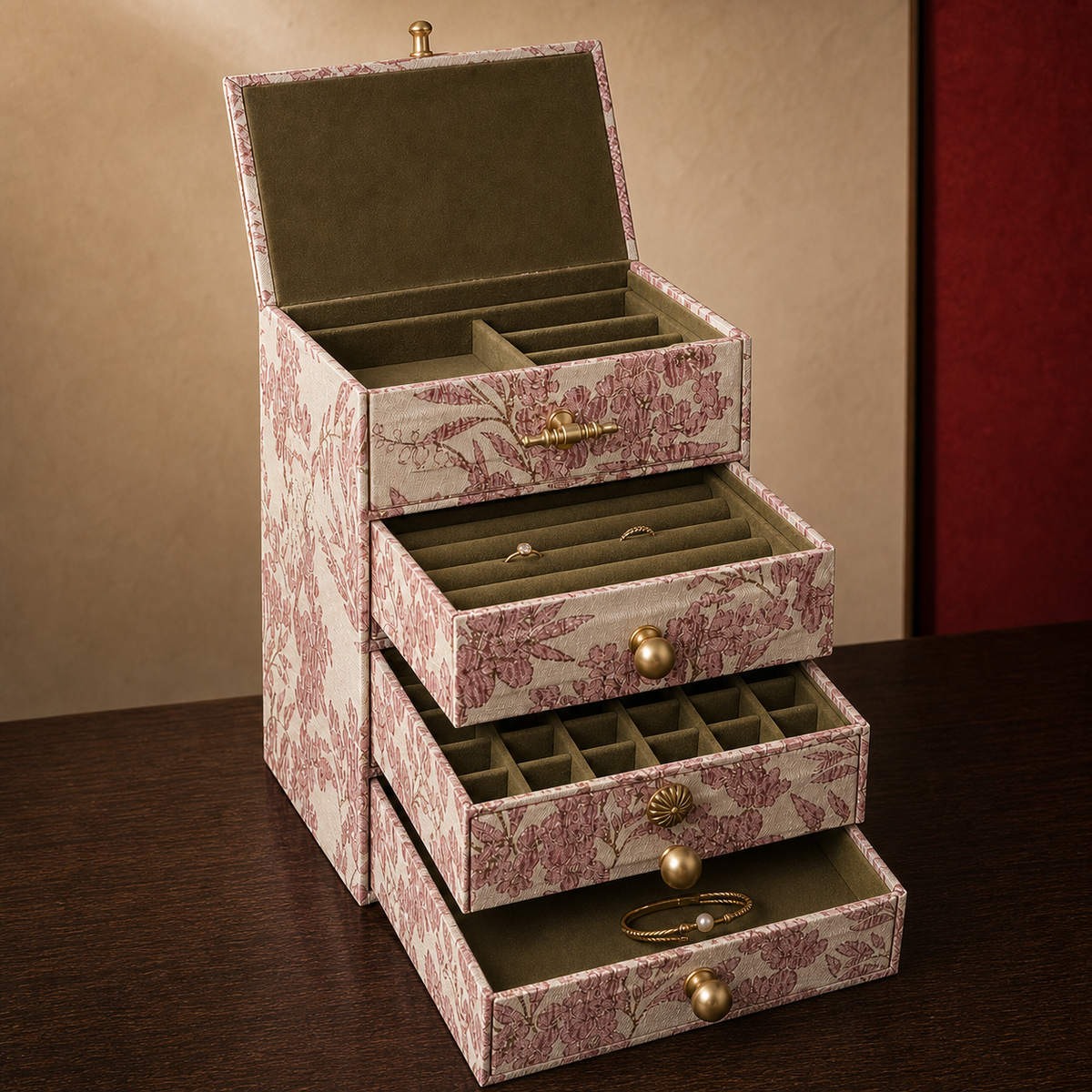 Close view of floral fabric, brass hardware and drawer construction