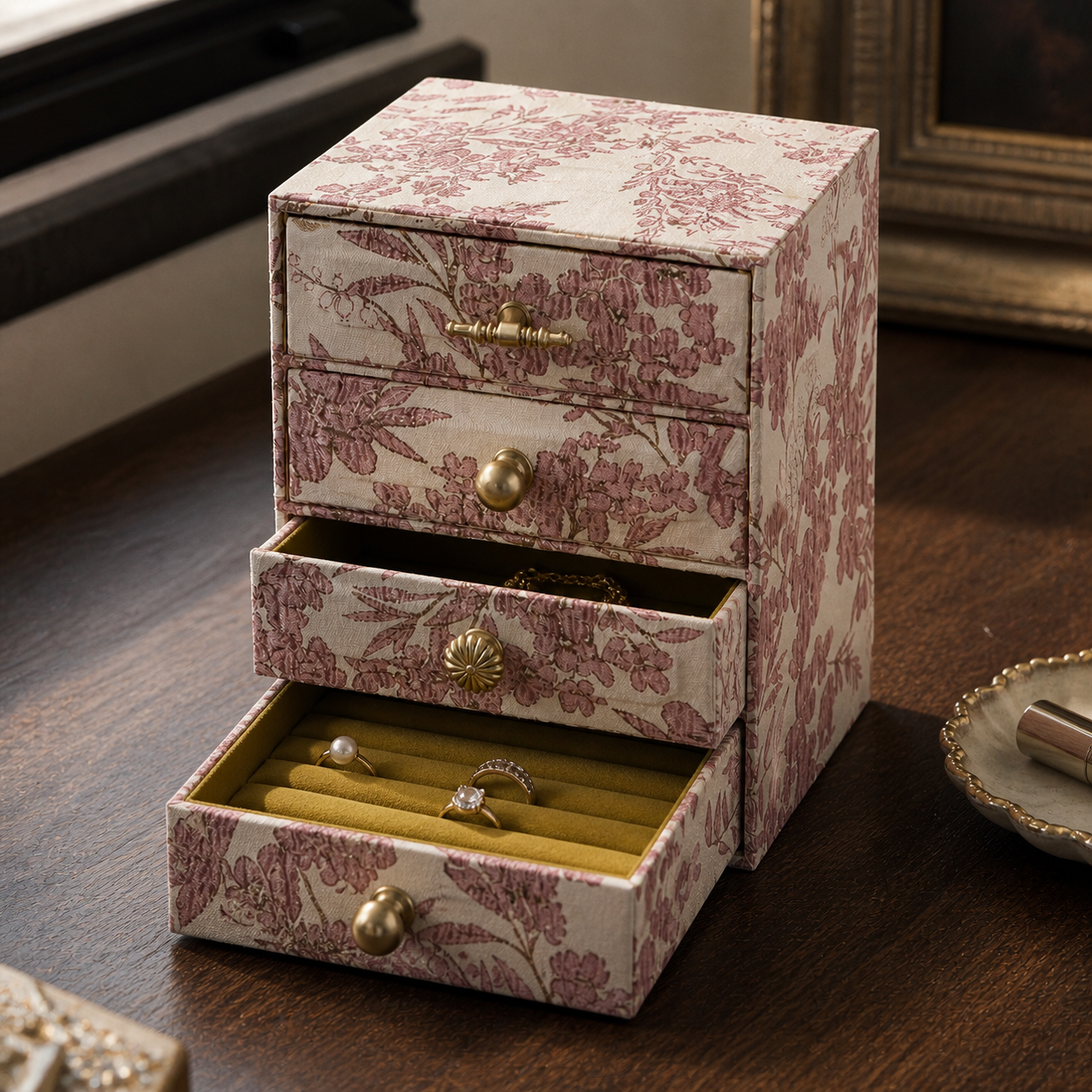 Rose floral jewelry organizer with velvet drawers open