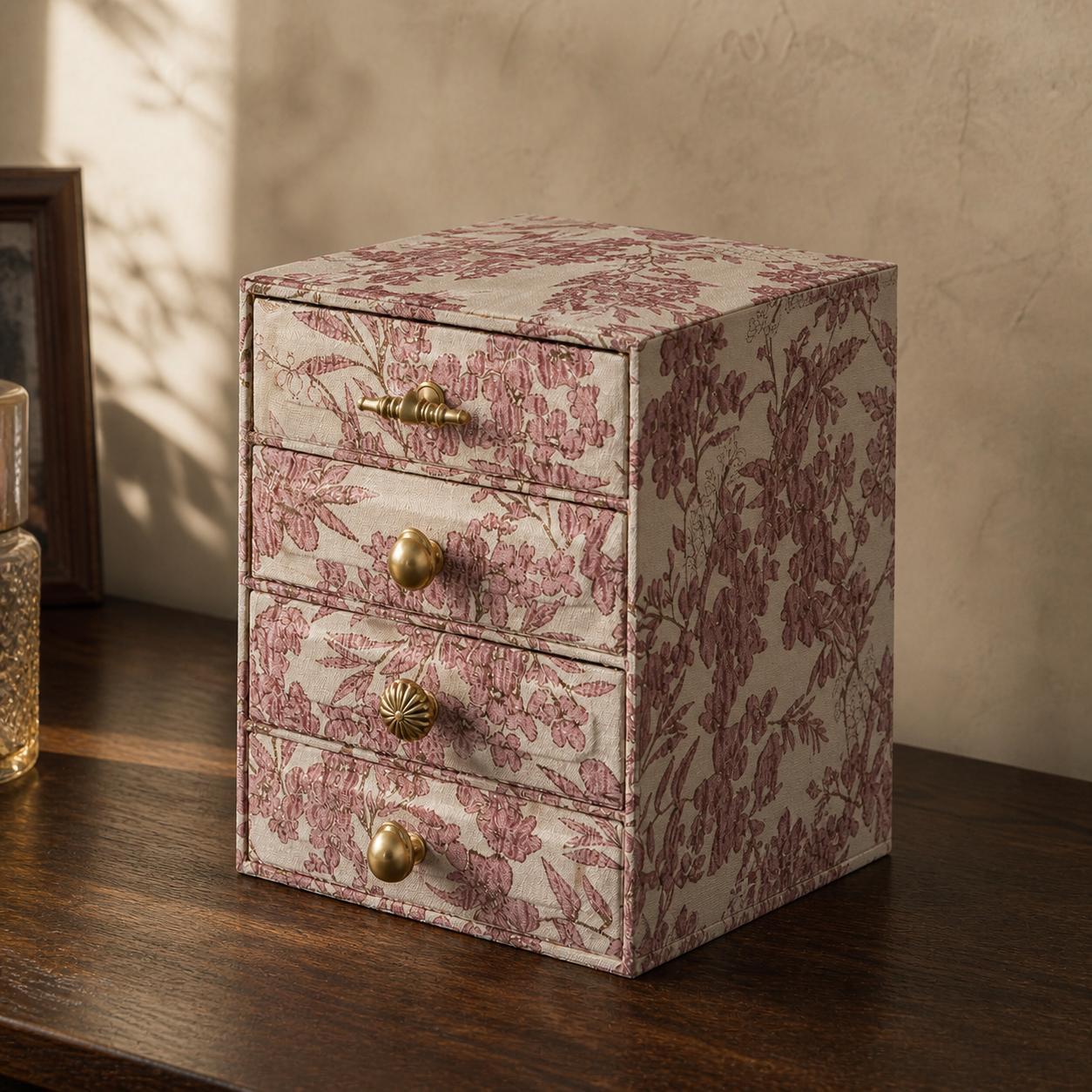 Rose floral jewelry organizer shown from a three-quarter side angle