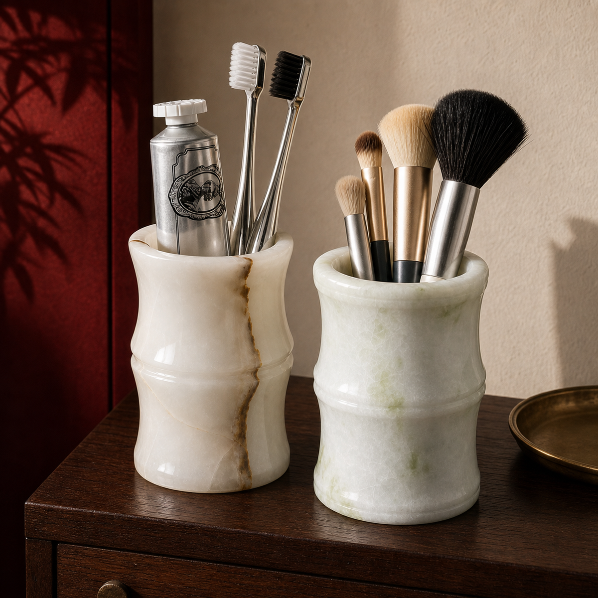 Natural stone holder styled with everyday vanity accessories