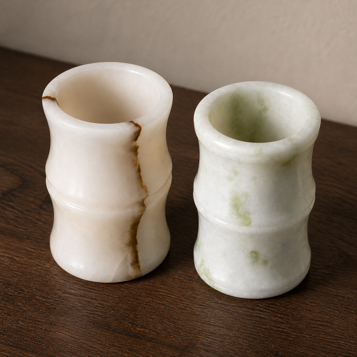 Close view of natural stone holder rims, wall thickness and mineral veining
