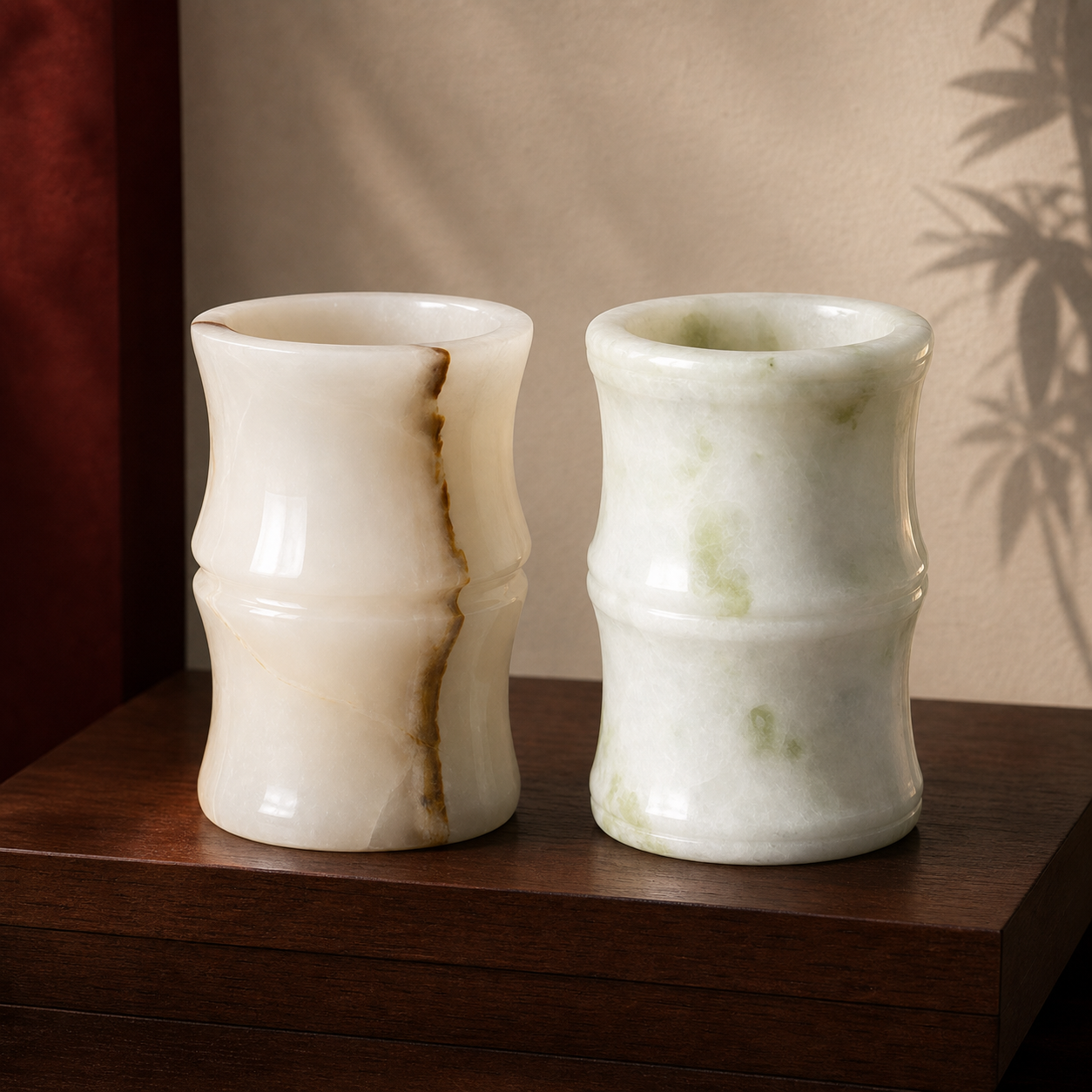 Ivory and celadon natural stone vanity and makeup brush holders