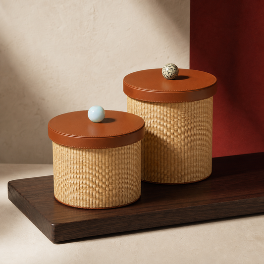 Natural rattan storage canisters with cognac lids and stone pulls