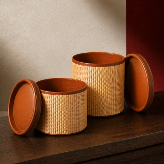 Small and large rattan storage canisters open with authentic cognac lid undersides